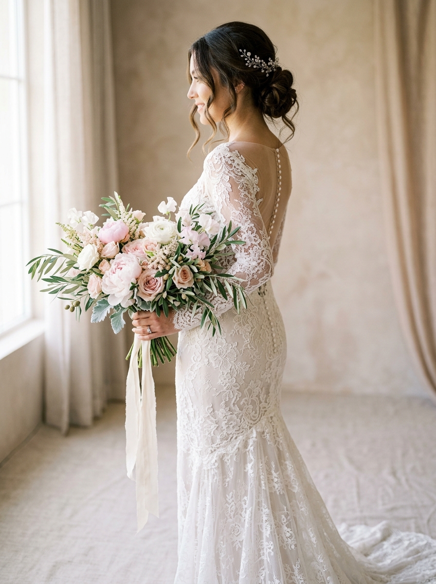 Hochzeitskleid und Blumenstrauß Dekoration